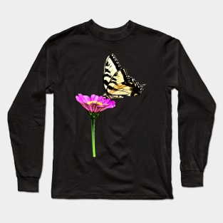 Zinnias - Tiger Swallowtail on Pink Zinnia Long Sleeve T-Shirt